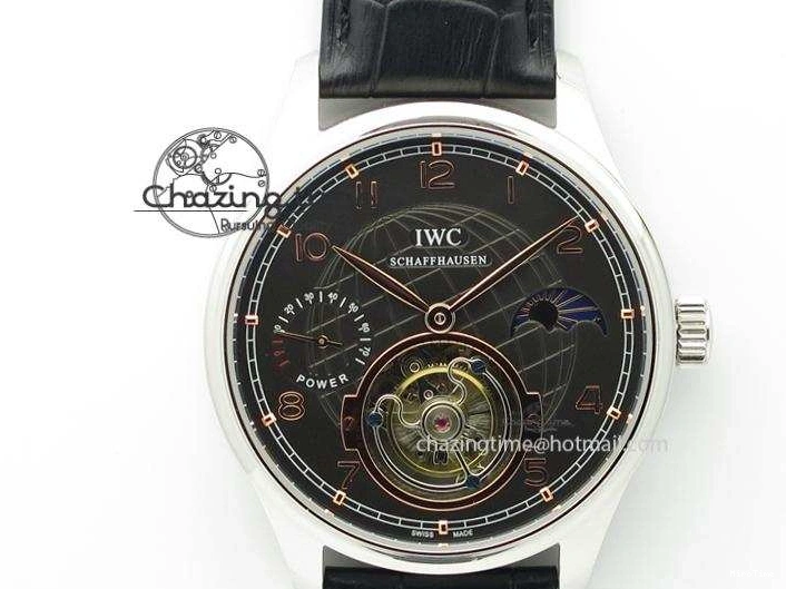 MIROTIME 0428 Portuguese Tourbillon Power Reserve Moonphase SS Black Dial Gold Numbers On Black Leather Strap RelaxedFit 7320